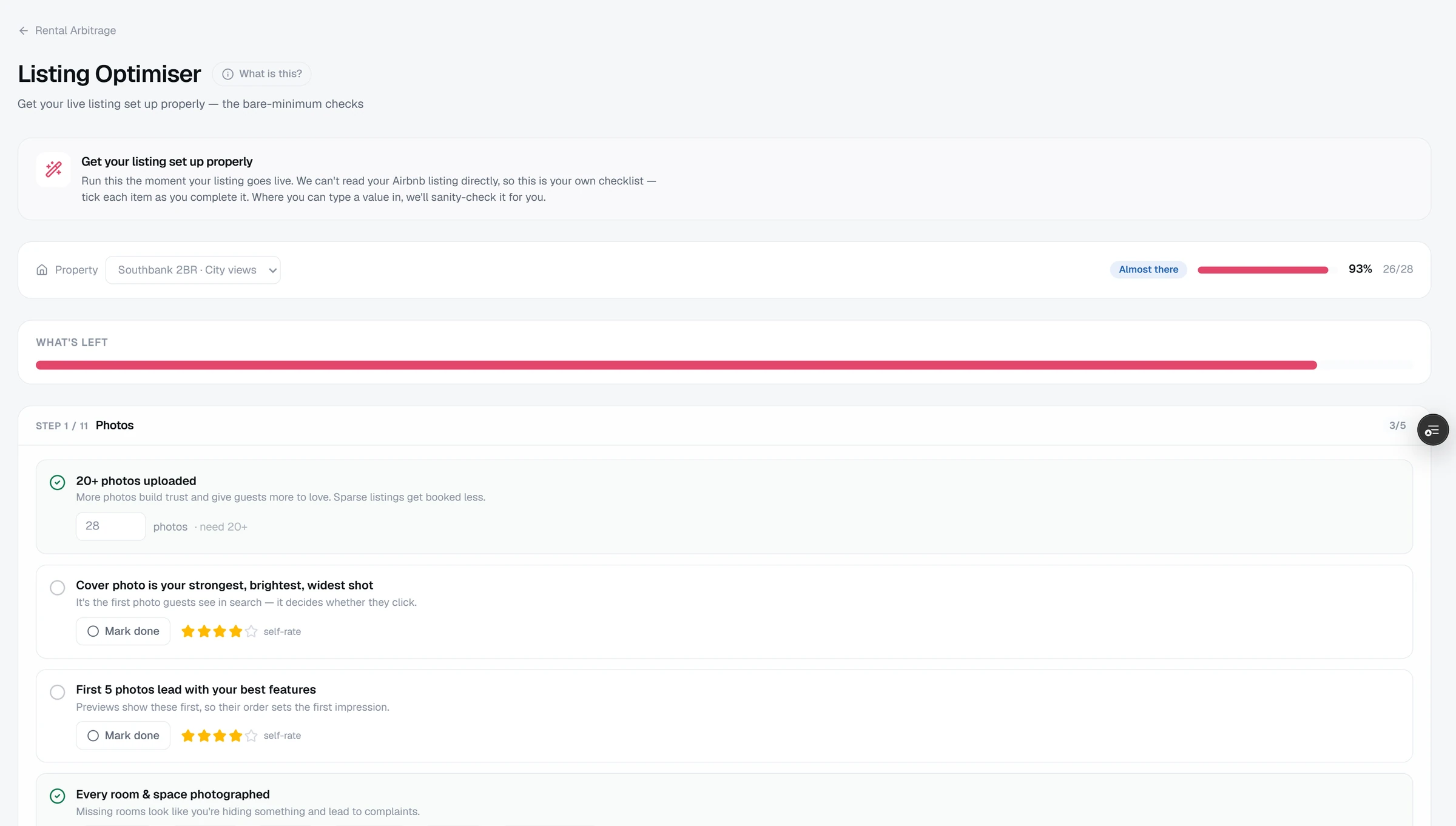 The Listing Optimiser showing a checklist for a listing's photos with a completion bar.