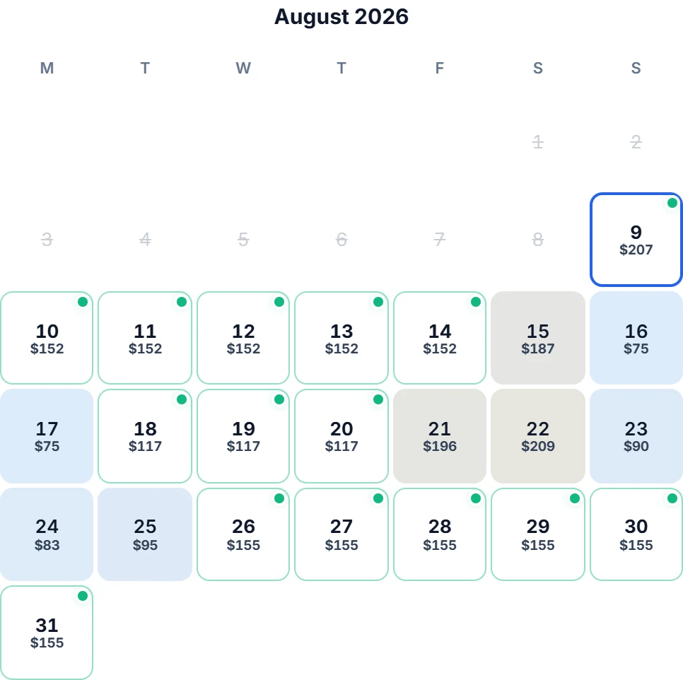A single-month NightlyIQ price calendar for August 2026 with a nightly price on each date and booked nights marked.